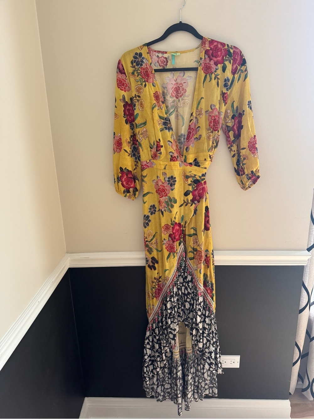 Farm Rio Yellow Floral Wrap Maxi Dress with Contrast Hem